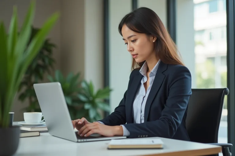Femme professionnelle travaillant sur un ordinateur dans un bureau lumineux