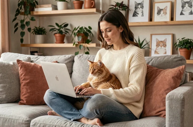 Femme avec son chat roux sur les genoux consultant le site Aplouf.com sur un ordinateur portable dans un salon cosy