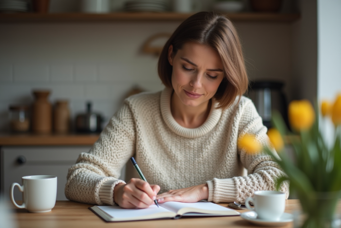 Femme moyenne âge note conversions dans la cuisine