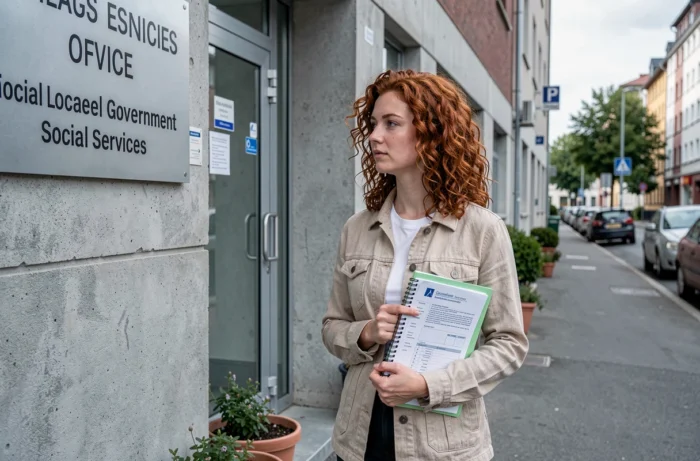 Jeune femme devant un bureau de services sociaux tenant des documents administratifs, symbolisant les démarches pour le RSA avec un salaire de 1500 euros