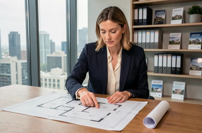Femme professionnelle analysant des plans immobiliers dans un bureau moderne pour une stratégie d'investissement en 2024