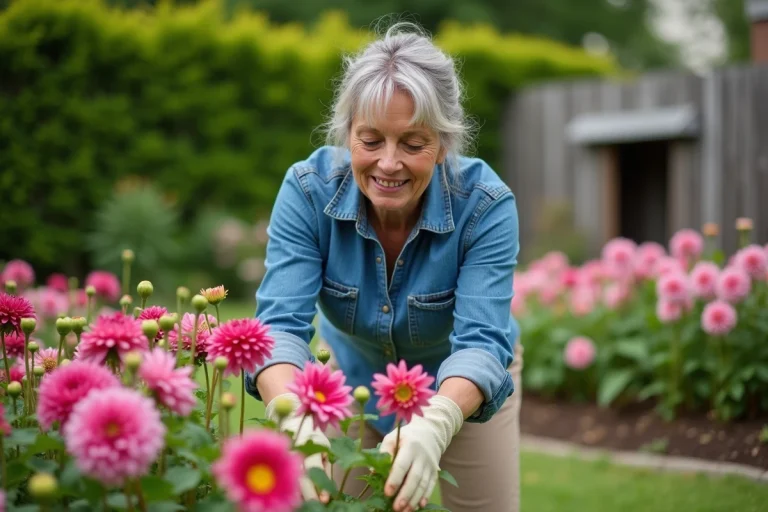 Femme en denim cultivant des dahlias en extérieur