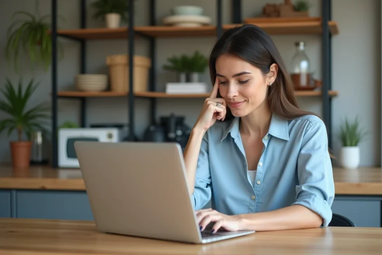 Femme lisant des avis en ligne dans sa cuisine chaleureuse