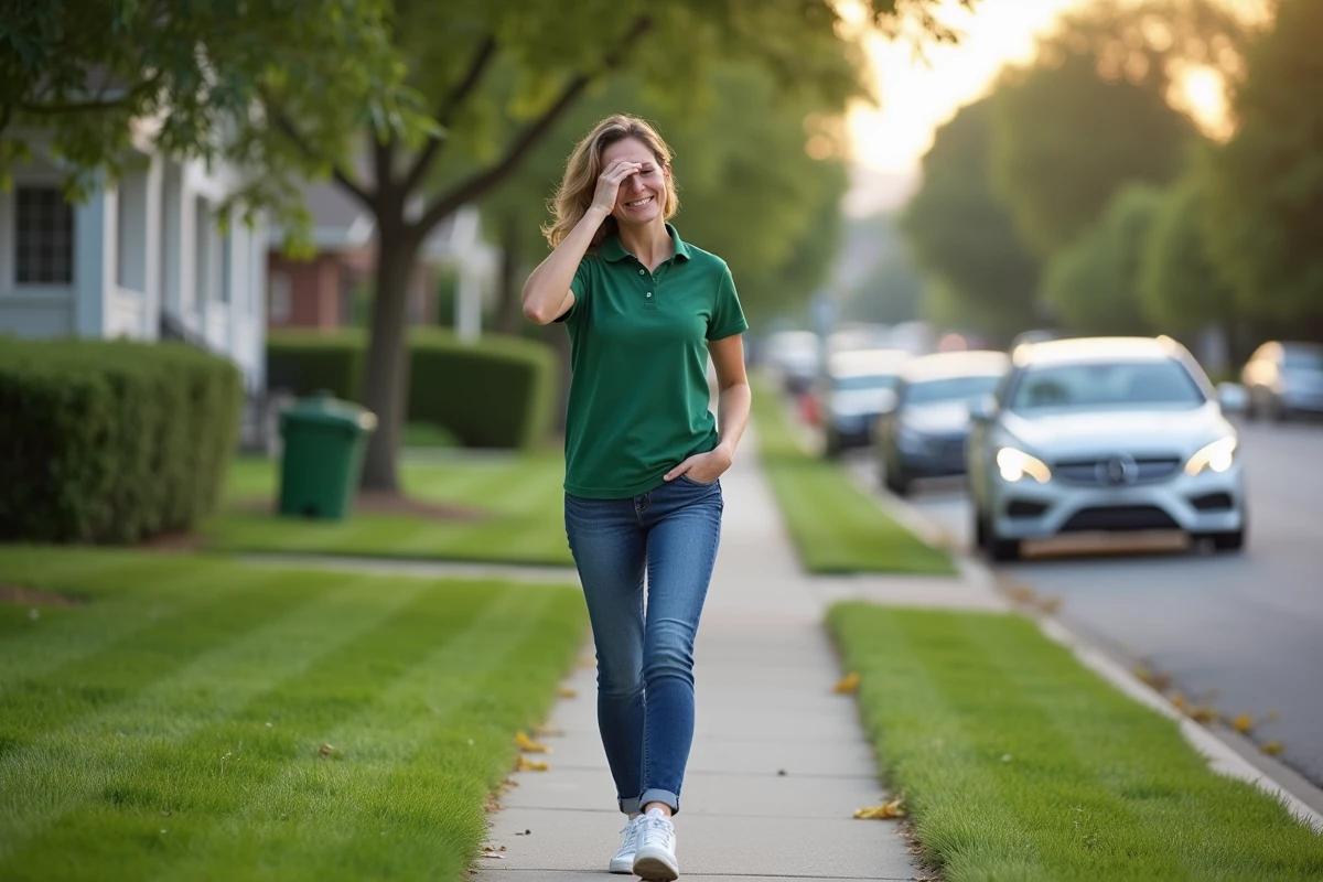 Femme souriante en polo vert après avoir tond la pelouse