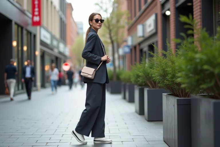Femme élégante en blazer oversize dans une rue urbaine