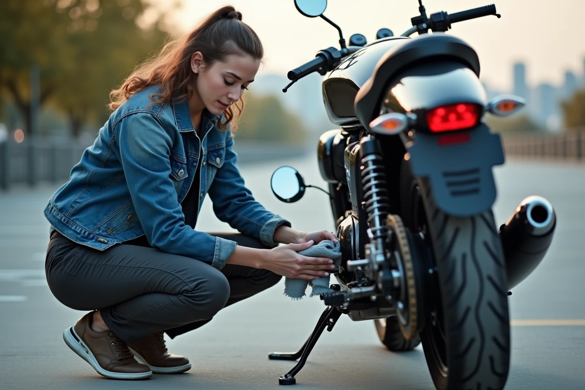 Jeune femme nettoyant une moto en milieu urbain