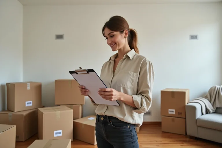 Femme organisant son déménagement avec des cartons étiquetés et une liste dans un salon à moitié vide