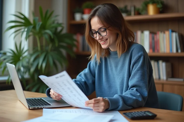 Jeune femme organisée avec papiers et ordinateur portable