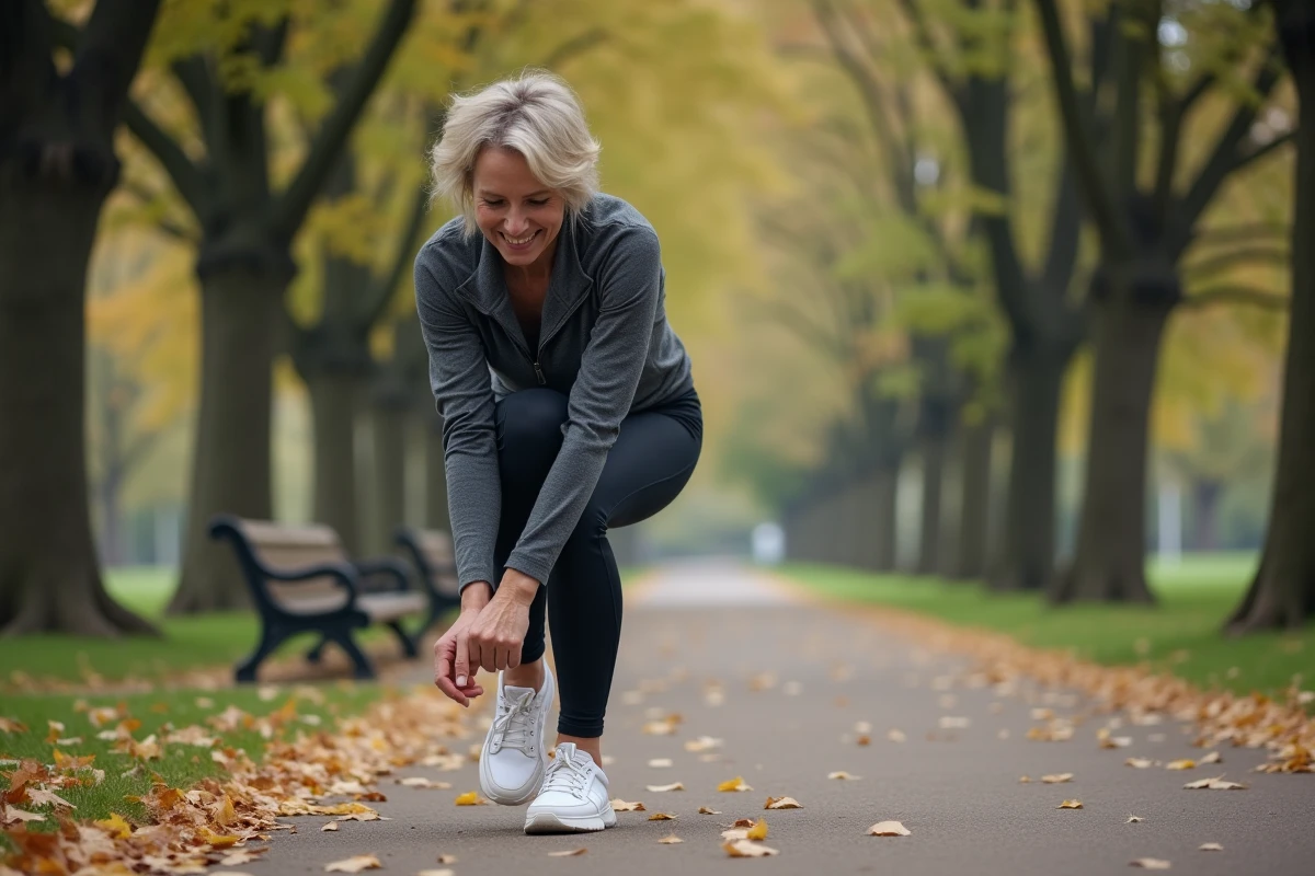 Femme ajustant ses sneakers dans un parc en plein air