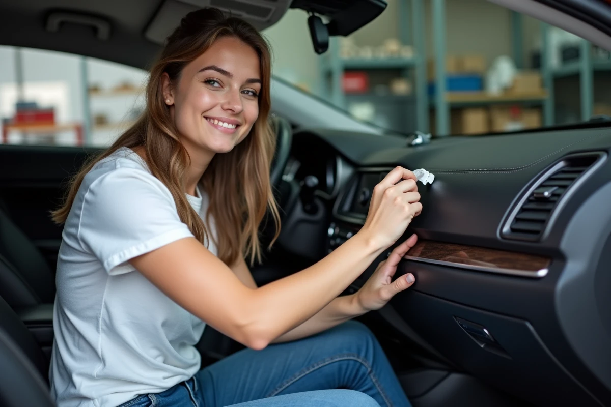 Jeune femme appliquant un produit sur un panneau intérieur de voiture