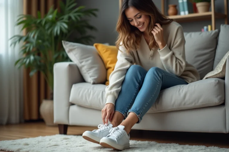 Femme souriante essayant des sneakers dans un salon cosy
