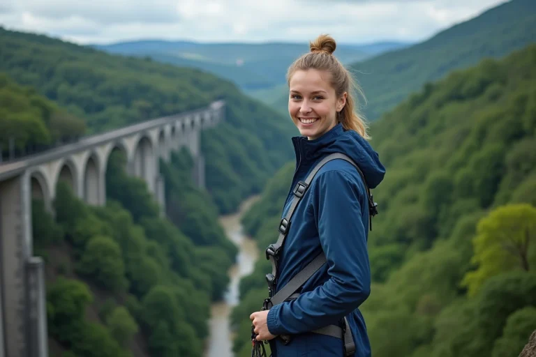 Jeune femme souriante sur le viaduc de Claudon en Vosges