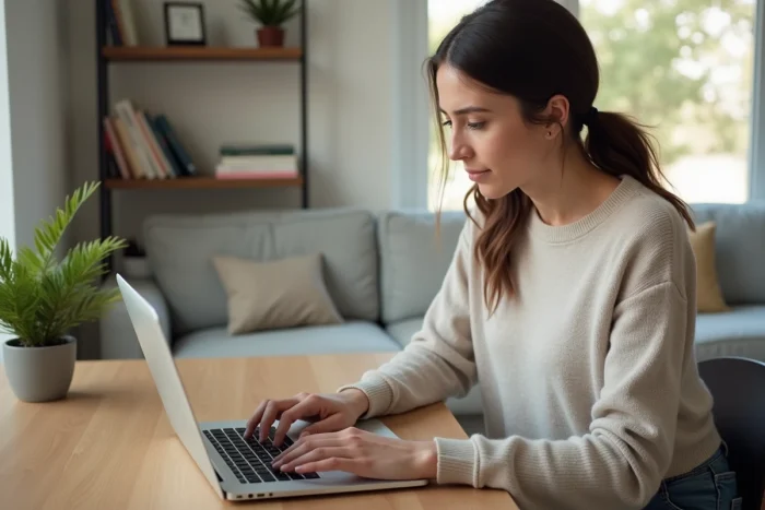 Femme assise à son bureau à la maison utilisant son ordinateur portable