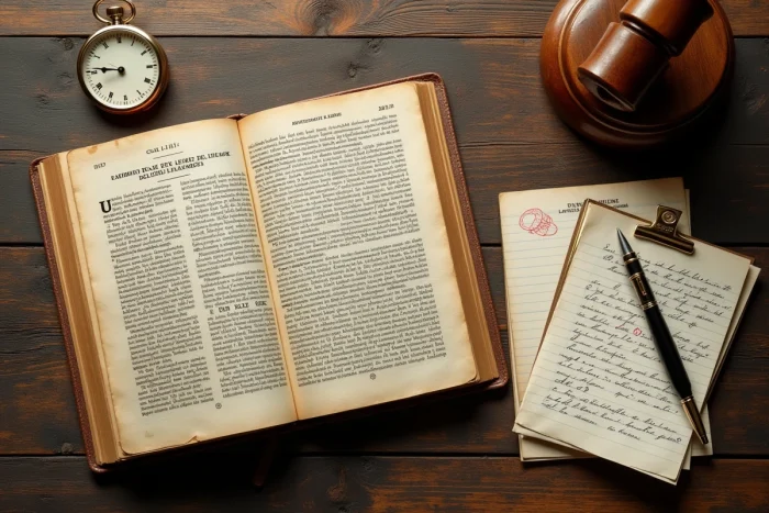 Vue aérienne d'un bureau juridique français avec code civil, documents officiels tamponnés et chronomètre illustrant les notions de prescription et délai de forclusion
