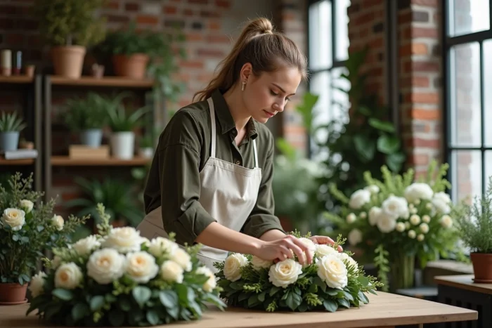 Fleuriste confectionnant une couronne funéraire blanche dans un atelier artisanal