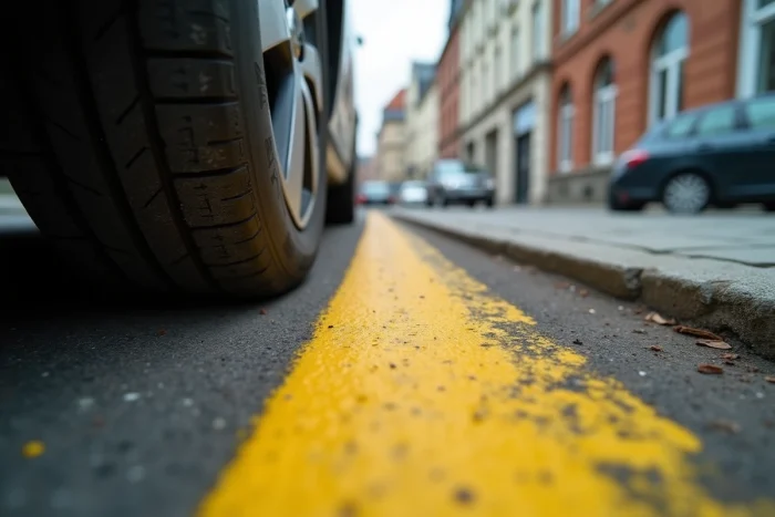 Gros plan sur une bande jaune au sol indiquant une zone de stationnement interdit en ville