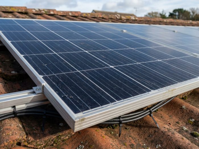 Gros plan sur les cellules et le câblage de panneaux solaires monocristallins montés sur tuiles de toit