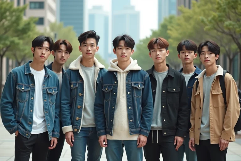 Sept jeunes hommes coreens en streetwear dans un parc urbain