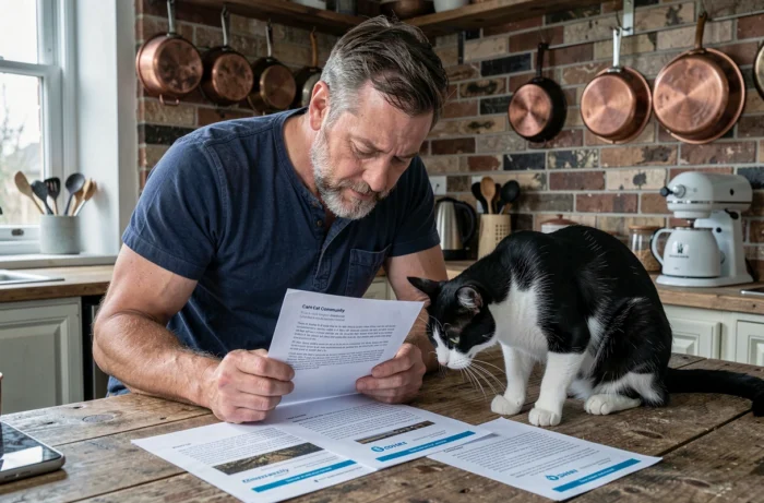 Homme barbu lisant des avis sur Aplouf.com accompagné de son chat en noir et blanc dans une cuisine rustique