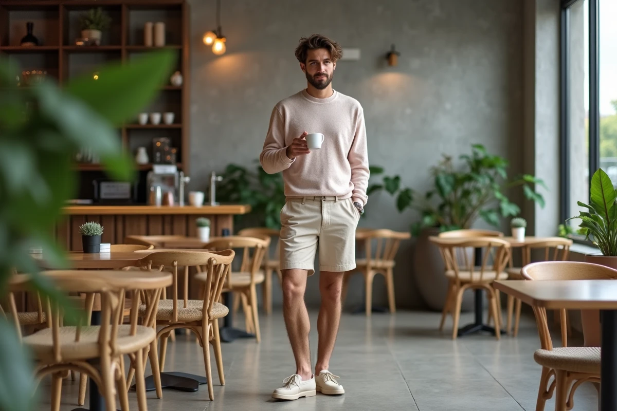 Homme décontracté sirotant un espresso dans un café moderne