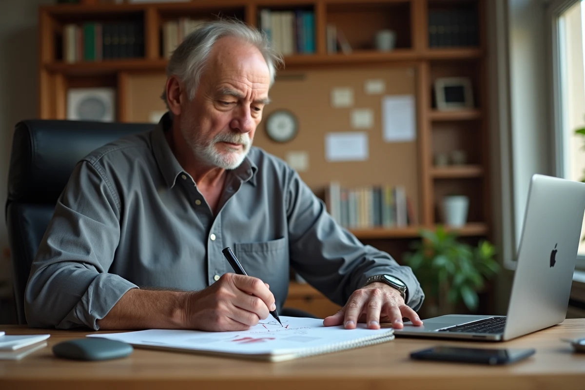 Homme âgé dessinant un graphique ROC dans un carnet de notes