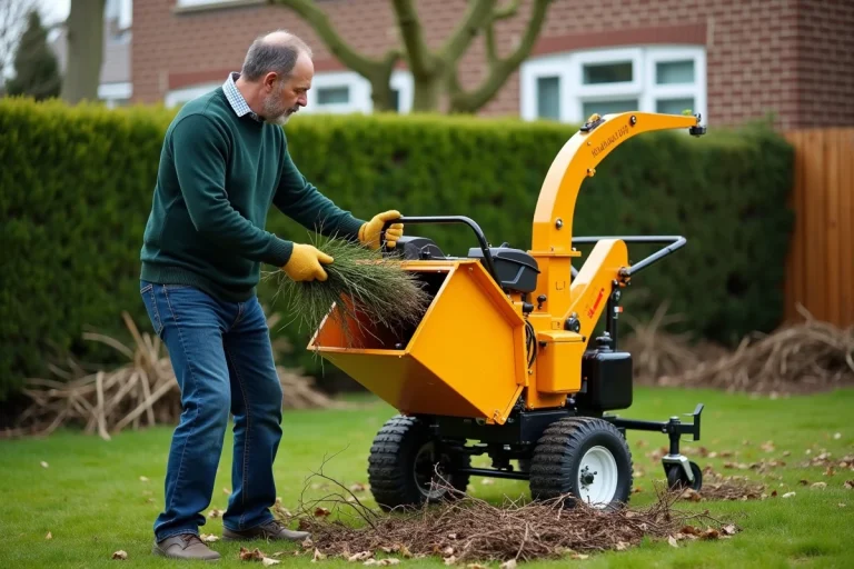 Homme d'âge moyen utilisant une déchiqueteuse dans un jardin