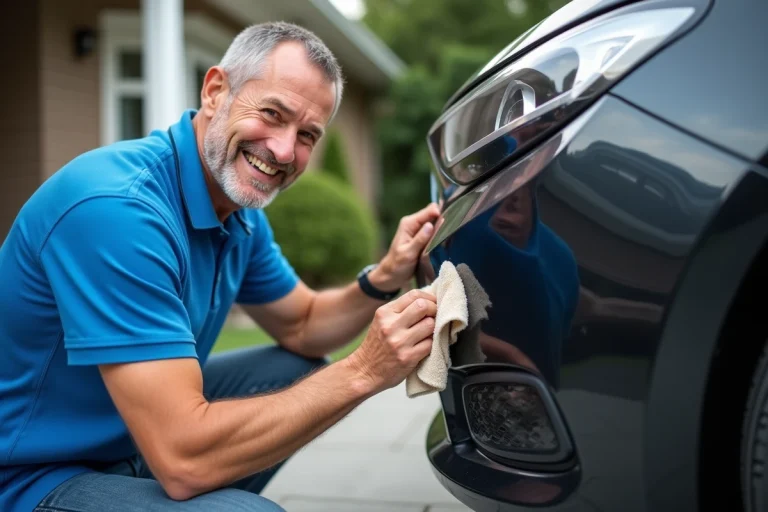 Homme en polo bleu polissant un pare-chocs de voiture