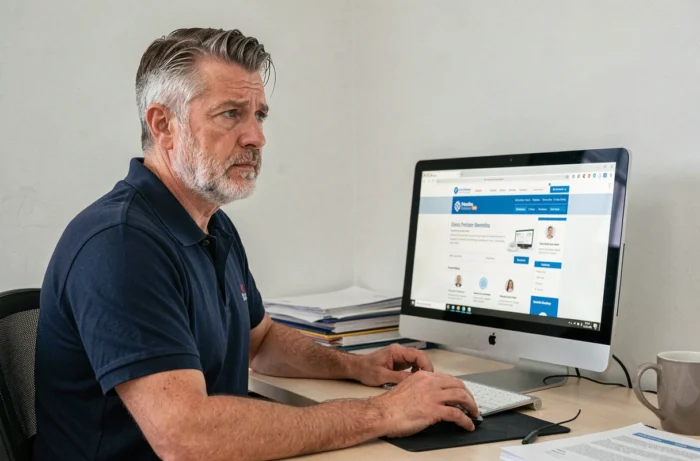 Homme recherchant des informations sur le RSA et les conditions de revenus sur un site gouvernemental depuis son bureau à domicile