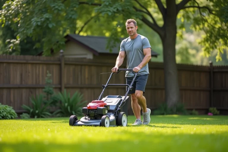 Homme musclé en T-shirt gris tond la pelouse dans son jardin