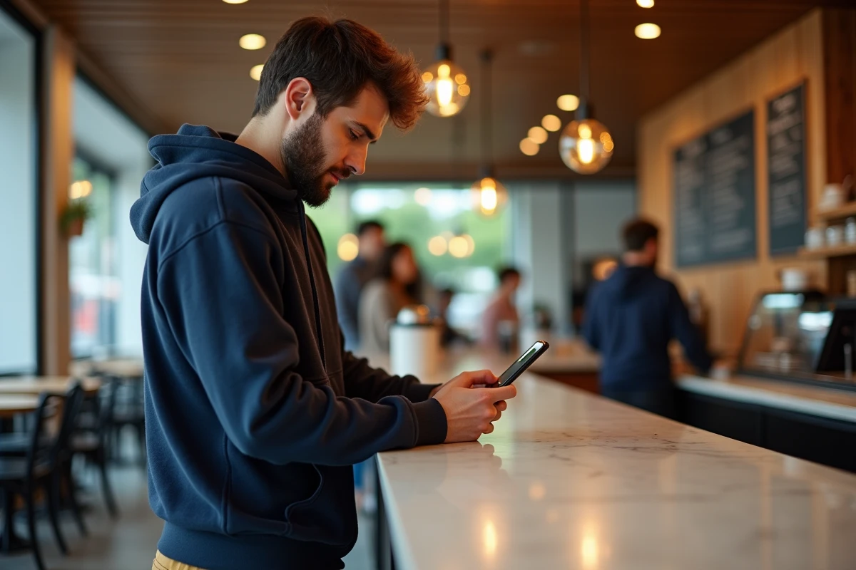 Homme au café utilisant son smartphone pour se connecter