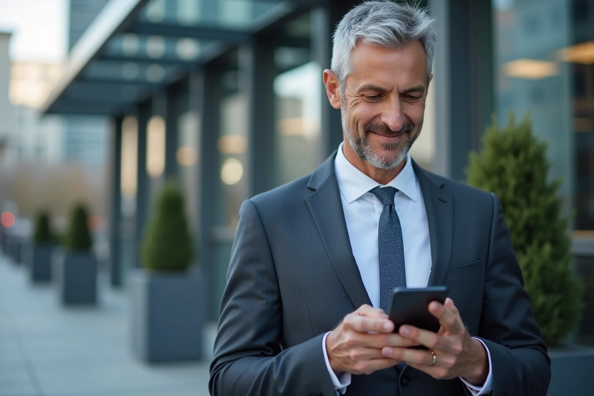 Homme d affaires vérifiant des retours sur son smartphone en extérieur