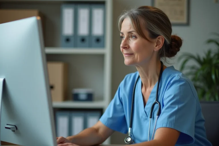 Infirmière en EHPAD consultant le logiciel Netsoins Domusvi pour la gestion sécurisée des données des résidents