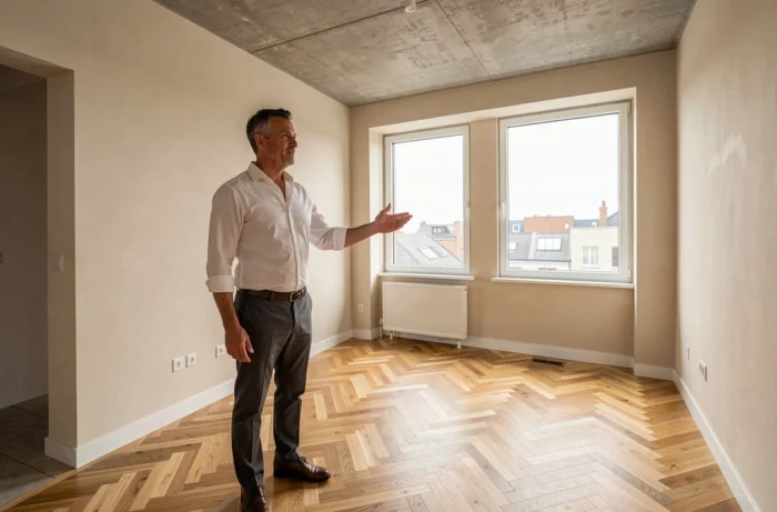 Investisseur immobilier présentant un appartement rénové avec du potentiel locatif en 2024