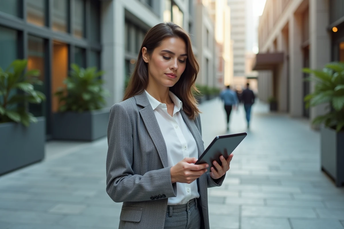 Jeune entrepreneure avec graphique en ville