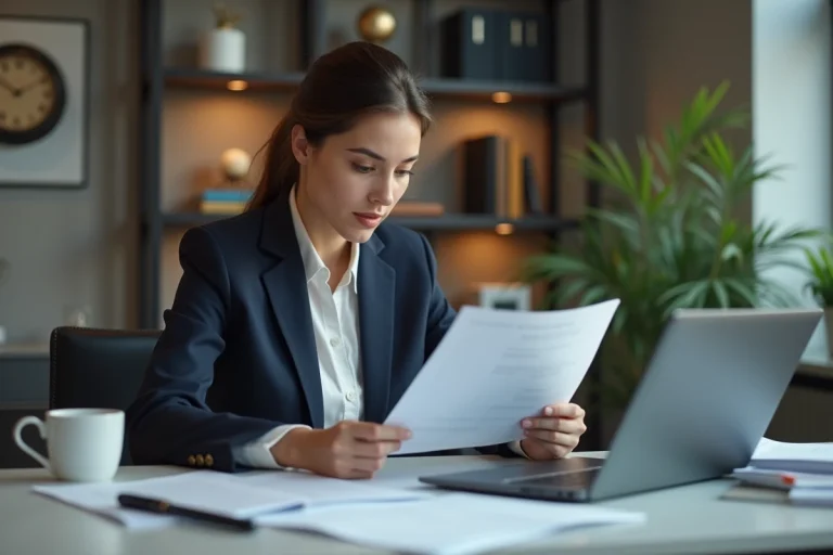Jeune femme professionnelle au bureau avec ordinateur et documents