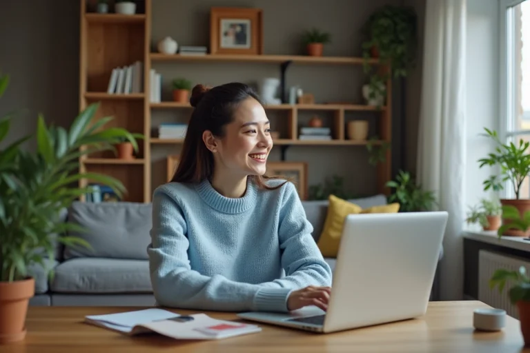 Jeune femme souriante utilisant un ordinateur portable à la maison