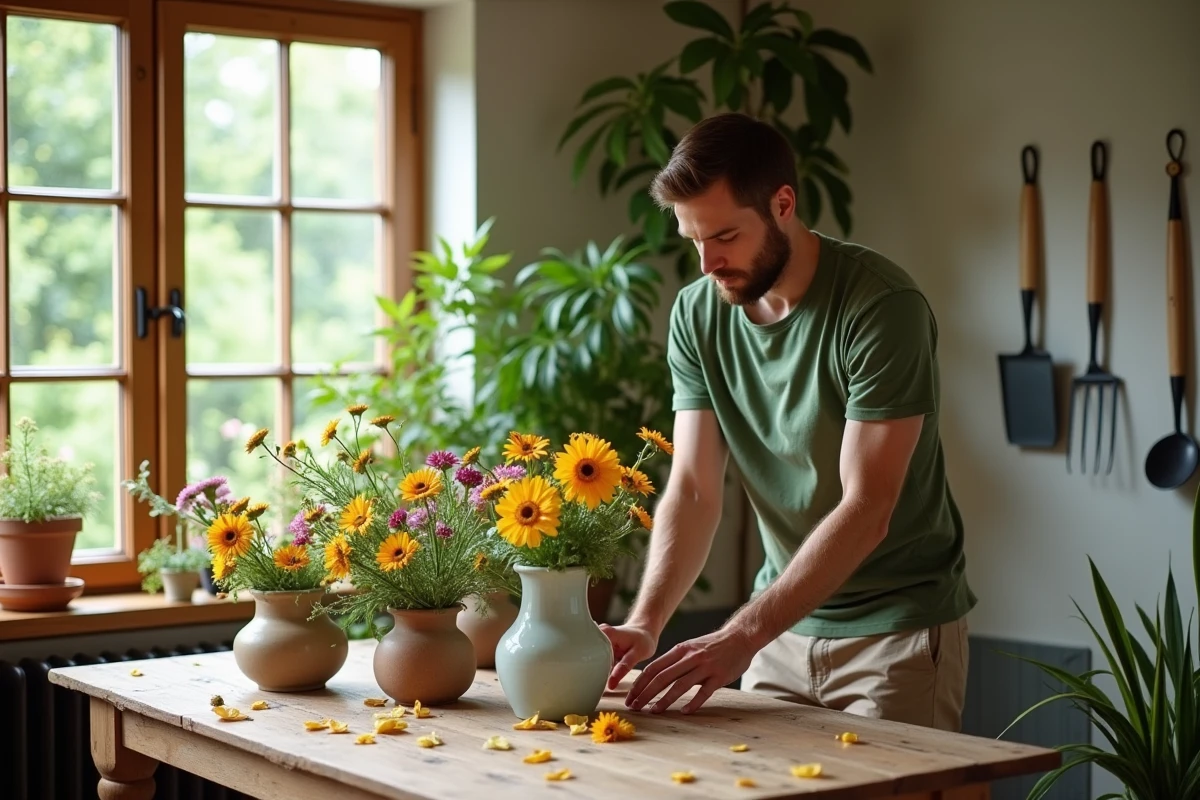 Jeune homme arrangeant des fleurs dans un salon lumineux