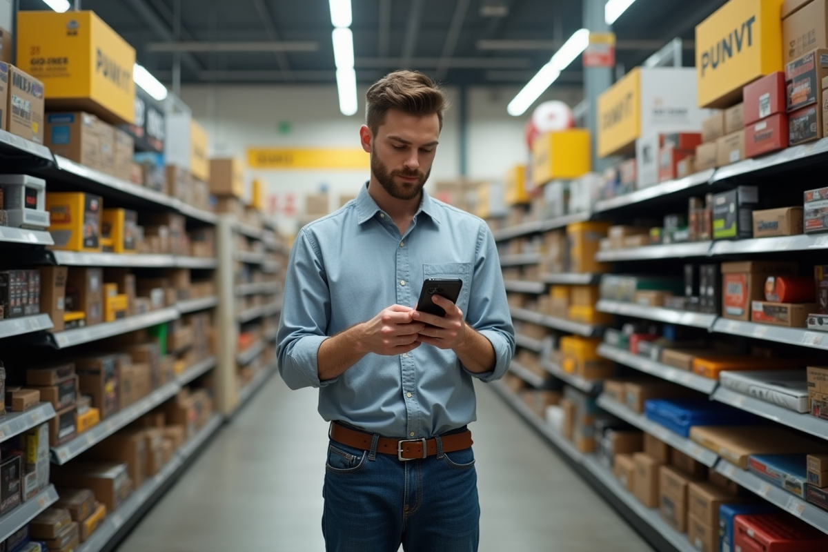 Jeune homme utilise son smartphone en magasin