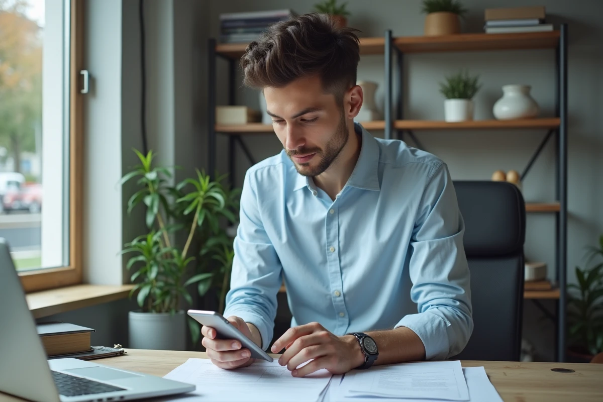 Jeune homme vérifiant ses finances avec son smartphone