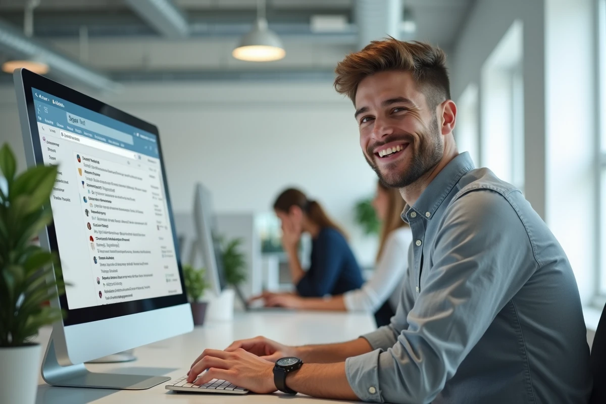 Jeune homme souriant triant ses emails avec Thunderbird