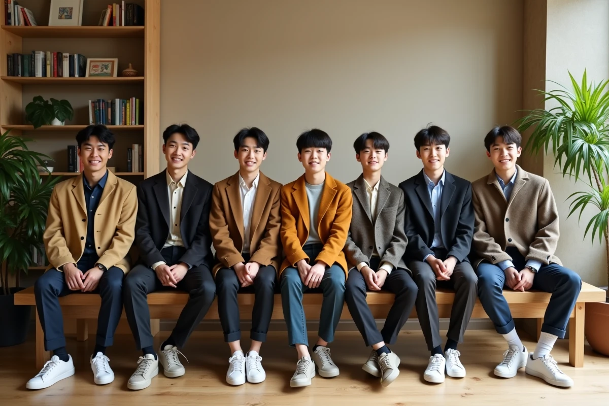 Groupe de jeunes hommes coreens assis en studio en tenues casual