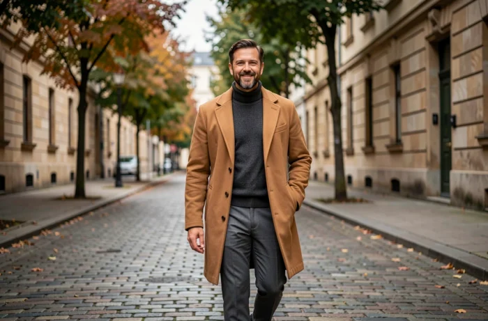 Homme en manteau camel et col roulé gris marchant sur une rue pavée pour un look chic intemporel