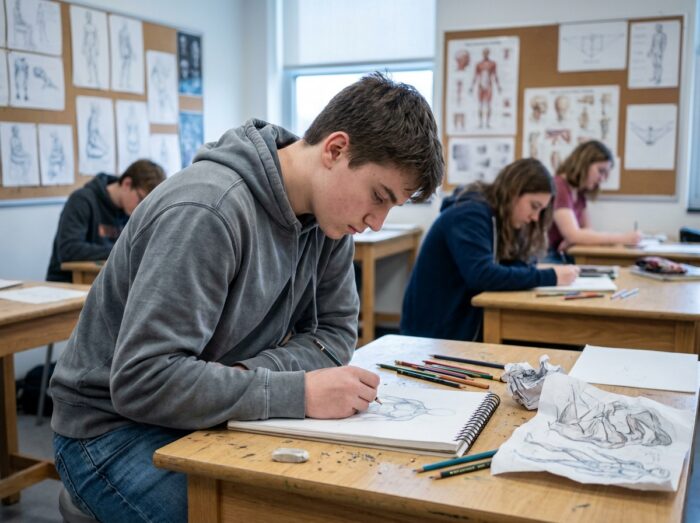 Lycéen passionné par le dessin travaillant sur une étude anatomique dans une salle de classe artistique