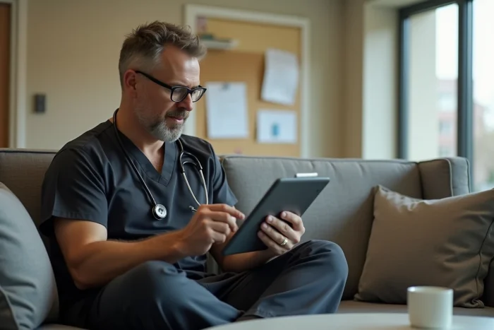 Médecin masculin consultant une plateforme de santé numérique sur une tablette dans la salle de pause d'un hôpital