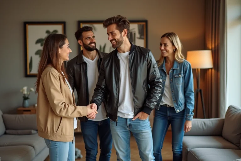 Musicien célèbre serre la main d'une famille dans un salon moderne