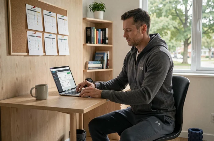 Homme analysant son plan d'optimisation sportive hebdomadaire sur un tableau et un ordinateur portable à domicile