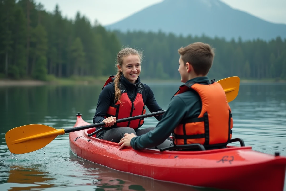 Femme et garçon paddlant en kayak sur un lac calme