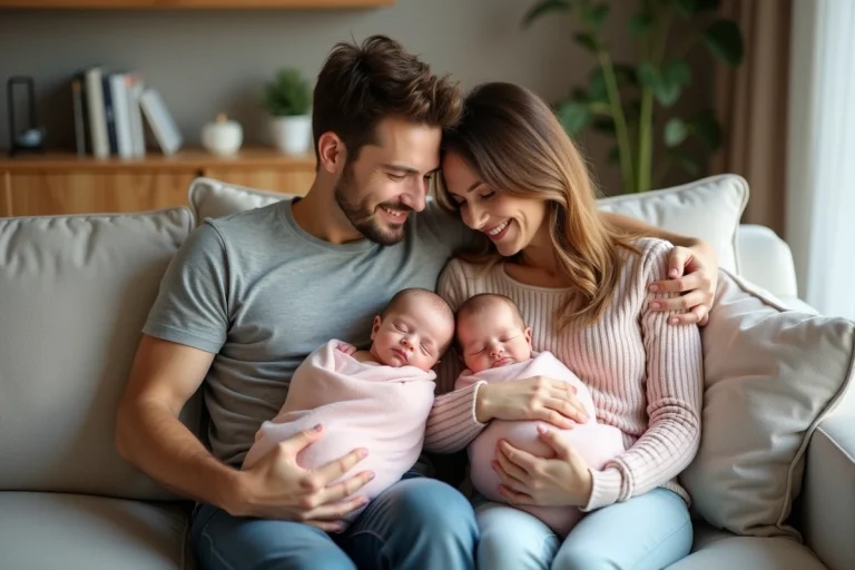 Jeune couple avec bébés jumeaux dans un salon cosy