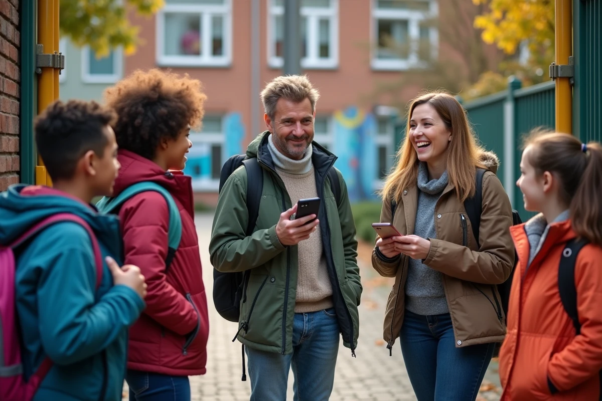 Parents discutant devant l école avec enfants et smartphone