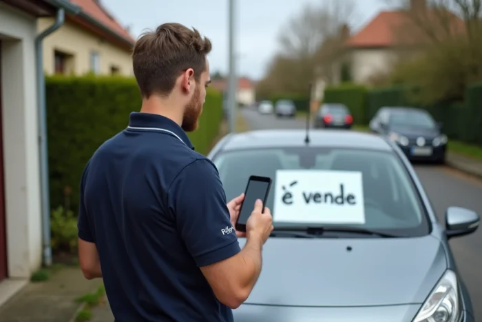 Particulier vendant une voiture d'occasion avec une annonce Leboncoin affiché sur smartphone